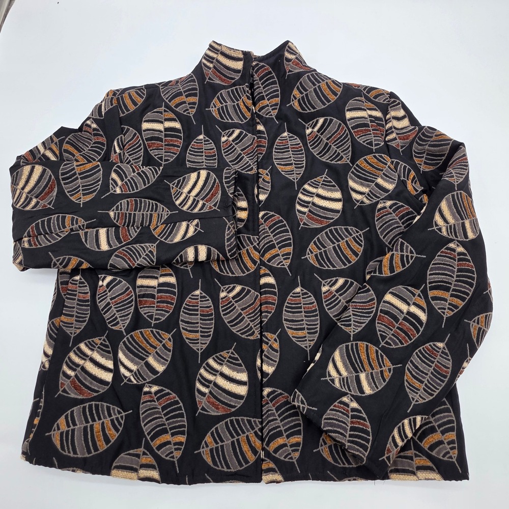 90s Hipster Painted Pony Tapestry Jacket Women L Black Brown Leaf Pattern USA